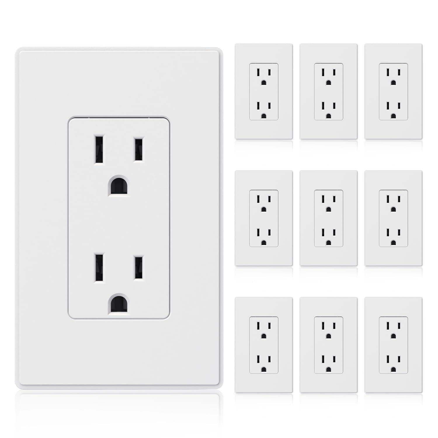 Matte White Standard Decorator Electrical Wall Receptacle Outlet, 15A 125V, 2 Pole 3 Wire, Non-Tamper Resistant, NEMA 5-15R, Self-Grounding, Wall Plate Included, UL Listed, 10 Pack