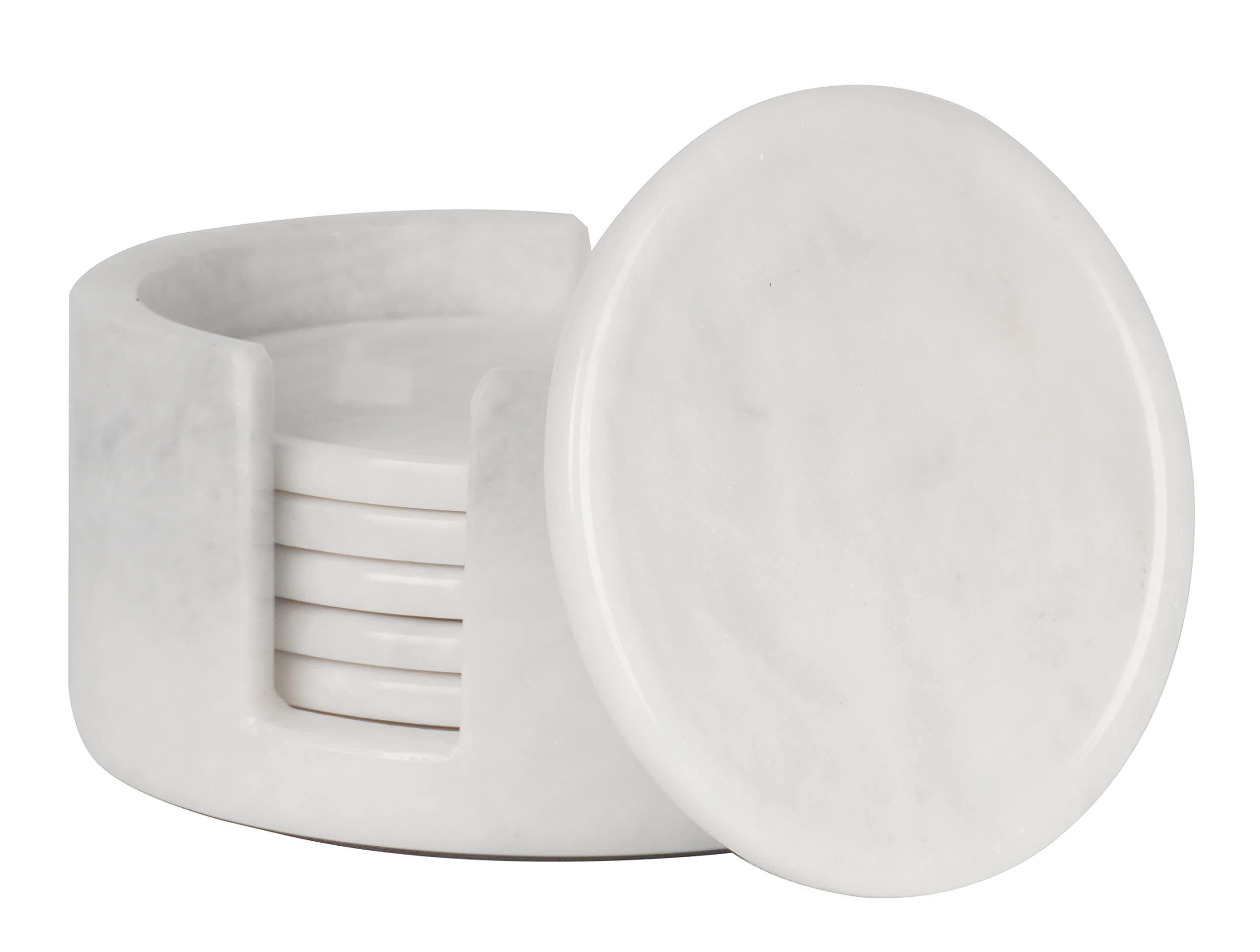 Radicaln White Marble Coasters Set of 6 Handmade 3.5" Inch Round Coasters for Drinks, Elegant Coaster Set with Holder for Dining and Coffee Tables