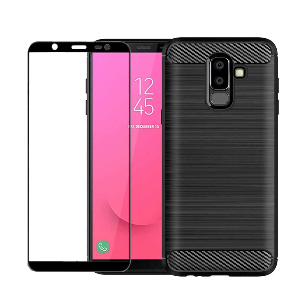 FaDream for Samsung Galaxy J8 2018 Case, Rugged Anti-Vibration and Anti-Fall TPU Protective coverWith Tempered Glass Screen Protector Samsung Galaxy J8 2018(Black)