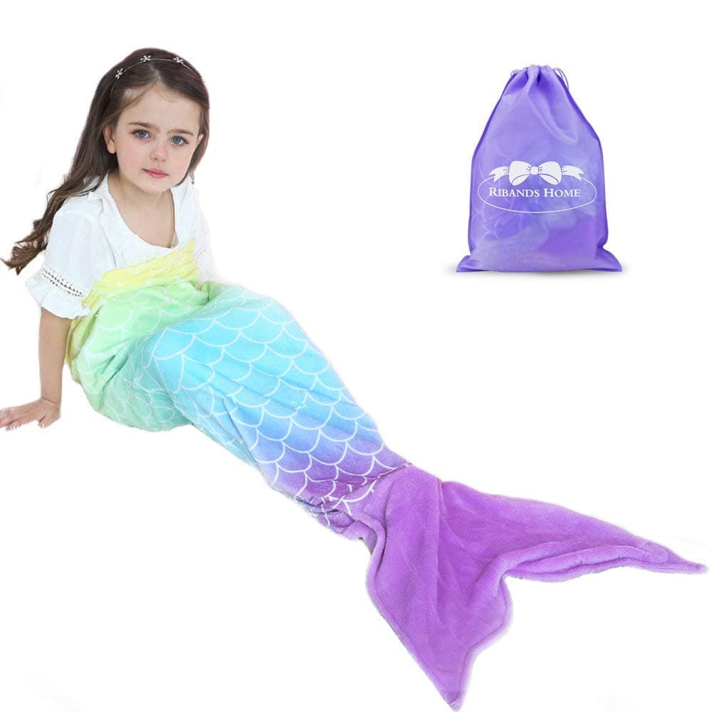 Cozy Mermaid Tail Blanket for Kids and Teens Soft Flannel Fleece Wrapping Cover with Colorful fish scale tail – All Seasons Plush Sleeping and Napping Coverlet (Ages 3-16)