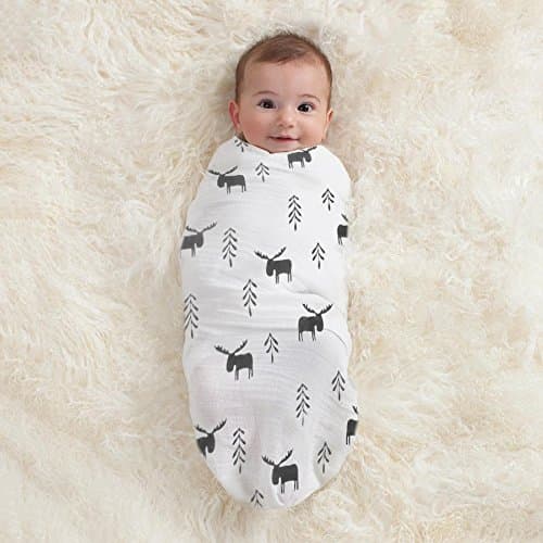 NadaKnot Soft Eco-Friendly Bamboo and Muslin Cotton Swaddle Blanket with Mittens, Moose