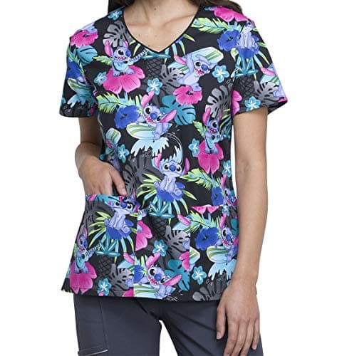 TF614 LHSS S Cherokee Tooniforms Women's V-Neck Top Surfin' Stitch Lilo and Stitch