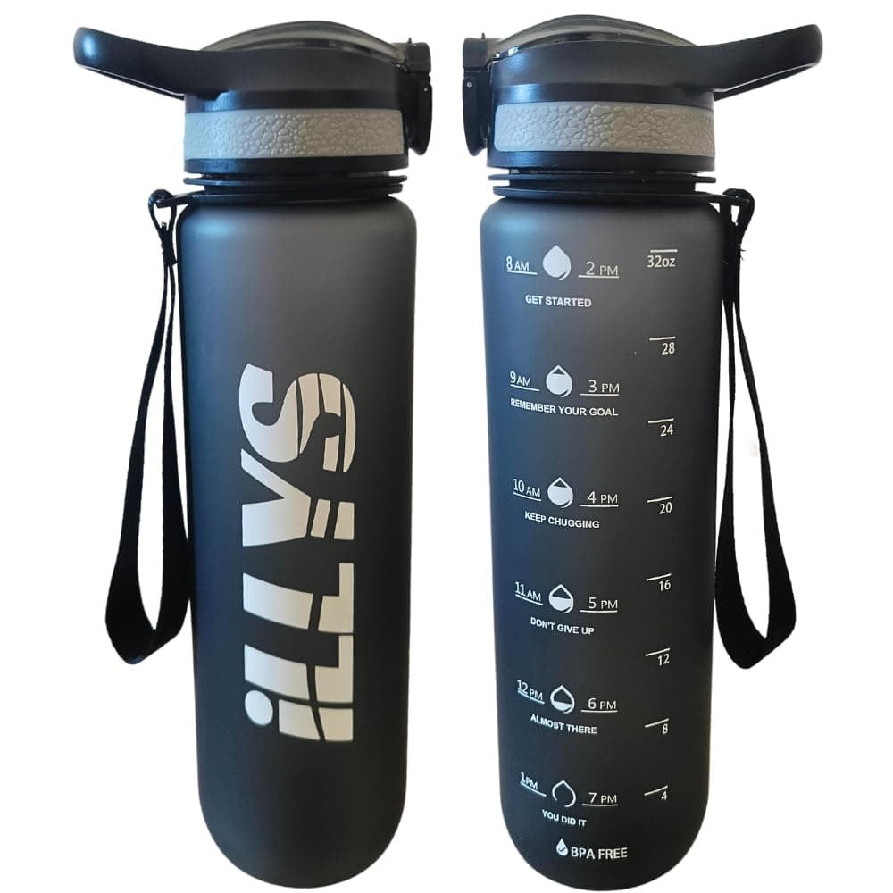 iLLYSWater Bottle 1L / 32oz with Motivational Time Marker Straw Strainer SK Plastic BPA Free Sport Water Bottles for kids Fitness Gym Office Outdoor Sports and Exercise | Leak Proof (Grey)
