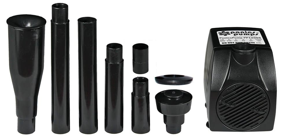 PonicsPumps by ZAHGO PP12005K: Mini Fountain Pump Kit with 120 GPH Submersible Pump with 5' Cord - 12W, Choice of 3 Spray Patterns & 4 Extensions.