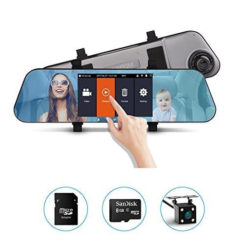 AIMTOM 5 Inch IPS Display Touch Screen Dash Cam Mirror, Full HD 1080P Car DVR Camcorder, Vehicle Driving Video Recorder, Front and Rear View Dual Lens Dashboard with 8G Micro SD Card, Backup Camera