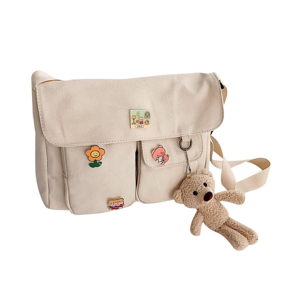 Canvas Crossbody Bag with Kawaii Pins and Pendent for Women Casual Shoulder Messenger Bag Ladies Canvas Shoulder Bag
