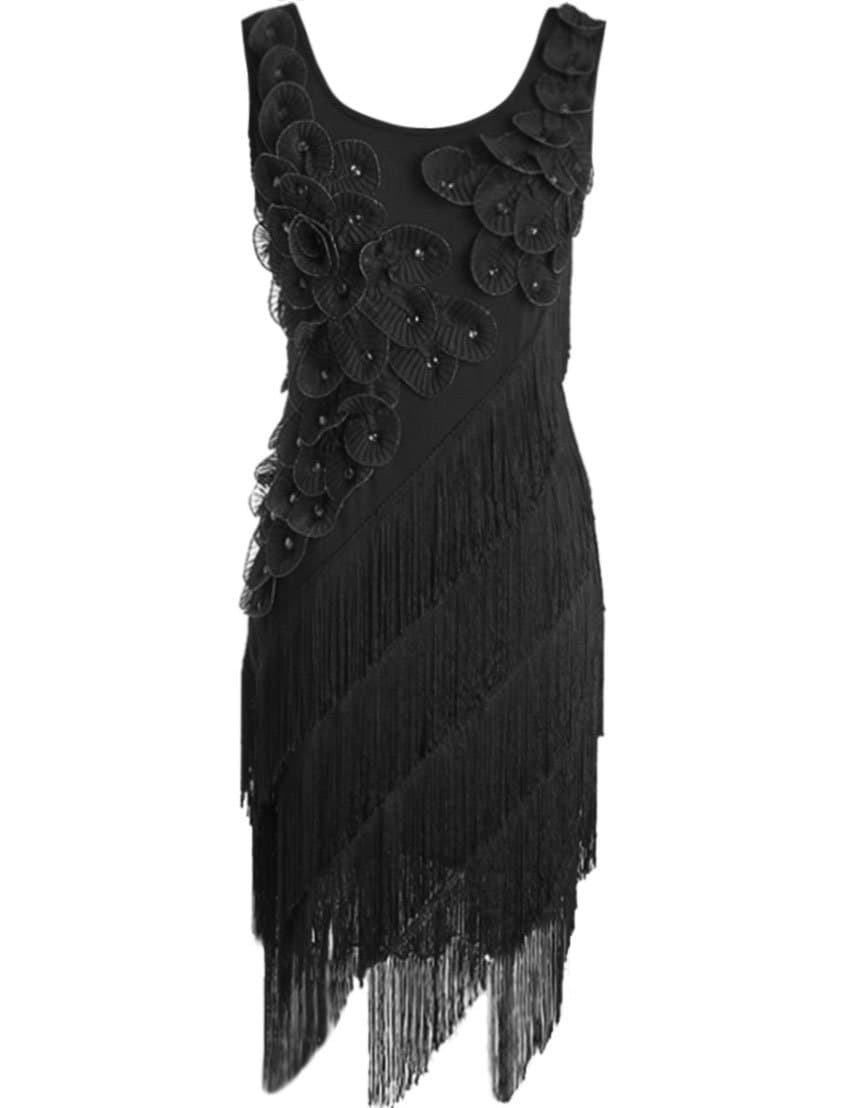 kayamiya Women's 1920s Beaded Fringe Irregular Hem Floral Flapper Art Deco Dress