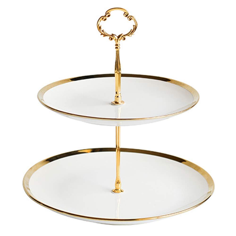 Affogato Cupcake Stand Tower Dessert Display Plate 2-Tier Round White Ceramic Serving Tray Dish Treat Stacked Pastry Fruit Serving Platter Tree Stand for Gift Tea Party Restaurant, Gold Edge