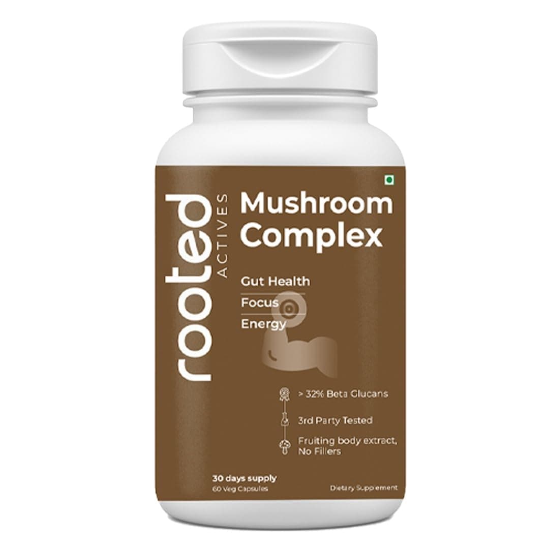 Rooted Mushroom Complex - 7 Mushrooms blend for Heart, Liver, Gut, Energy & Immunity (60 Veg Caps, 500 mg) |USDA organic, > 30% Beta Glucans