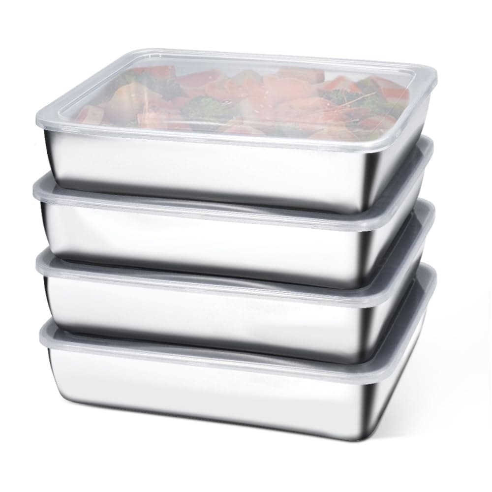 4pcs Stainless Steel Containers with Lids, Food Storage Containers, Stainless Steel Snack Containers, Lunch Box for Office Travel (25.5 * 19.5 * 5.5cm)