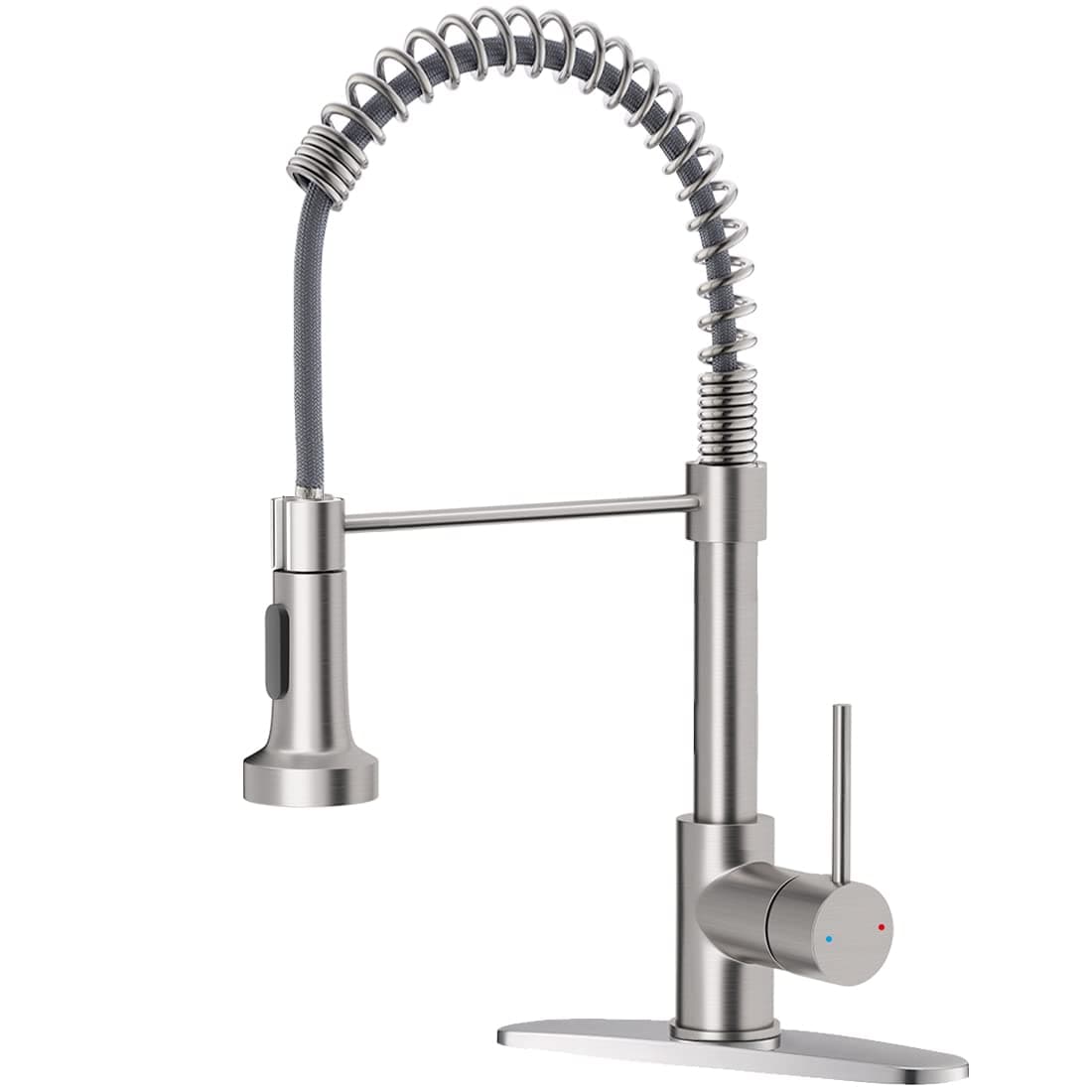 OWOFAN Kitchen Faucets Lead-Free Commercial Solid Brass Single Handle Single Lever Pull Down Sprayer Spring Kitchen Sink Faucet, Brushed Nickel 9009SN