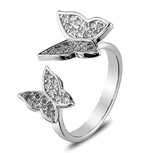 METTU Double Rhinestone Butterfly Finger Rings Open Adjustable Ring for Women