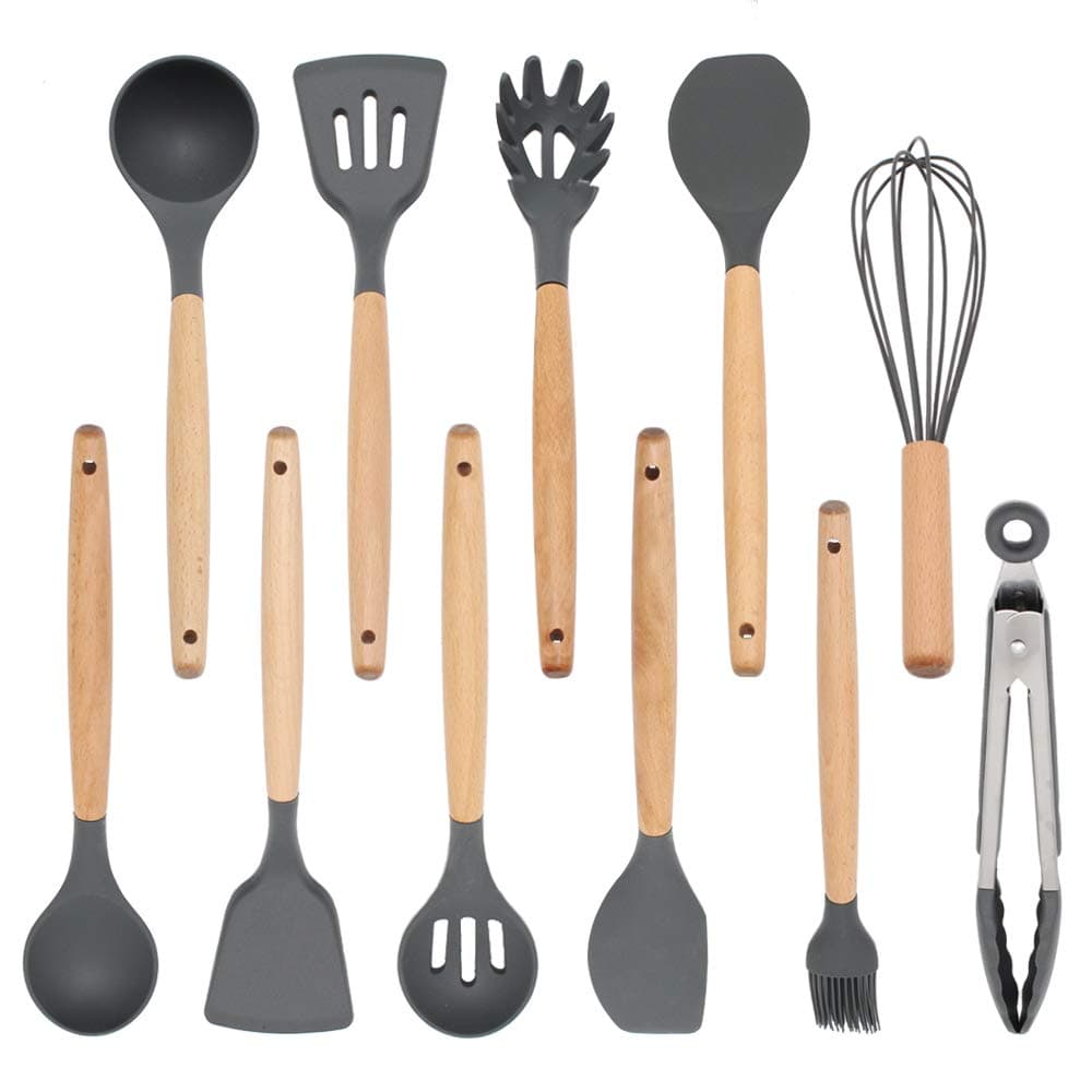 To encounter Non Toxic 11pcs Silicone Cooking Kitchen Utensils Set Wooden Handles Cooking Tool Nonstick Spoons Tongs Turner Spatula Set