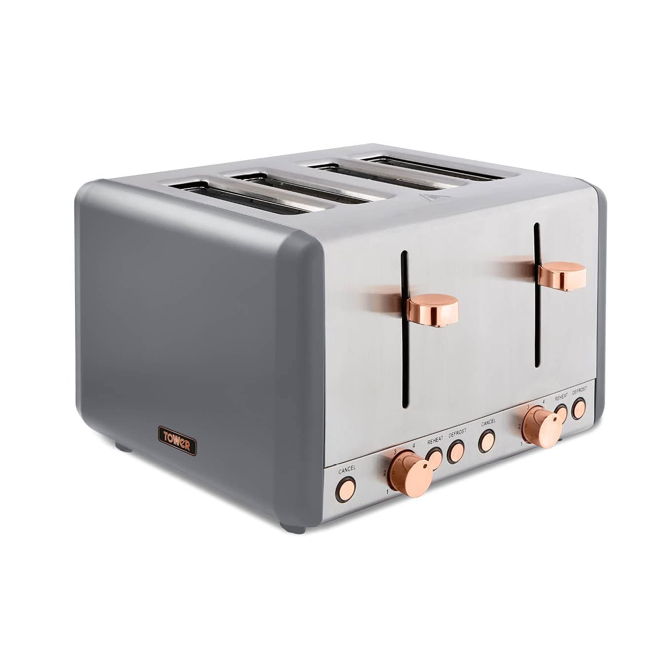 Tower T20051RGG Cavaletto 4-Slice Toaster with Defrost/Reheat, Stainless Steel, 1800W, Grey and Rose Gold