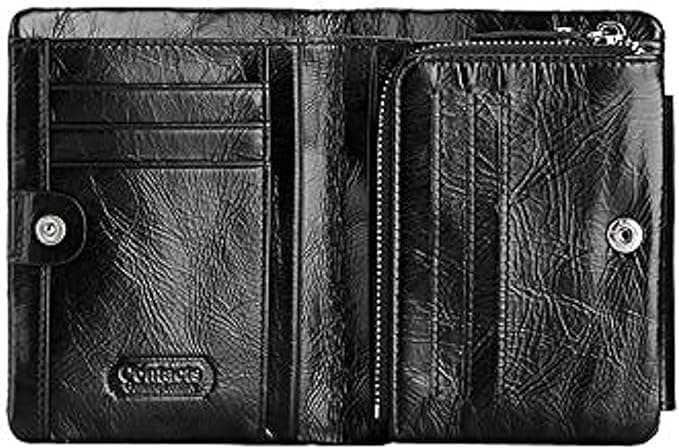 DUBKART Contacts Men Genuine Leather Wallet Stylish Short Purse Card Pack Three Fold Wallet Money Clip Black