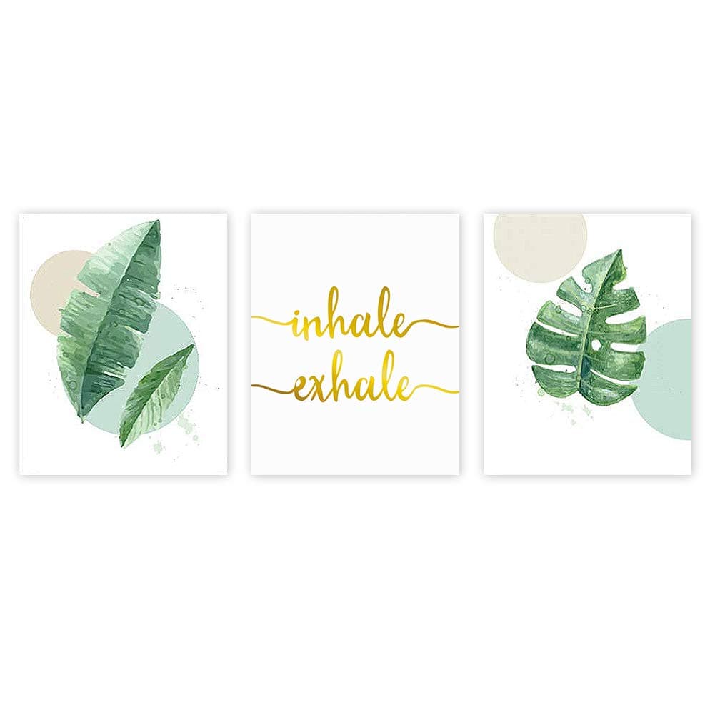 LHIUEM Watercolor Green Leaf Print&Inhale Exhale Quote Gold Foil Print, Botanical Painting Yoga Room Cardstock Art Poster Wall Decor (set of 3, 8’’ x 10’’,Unframed)
