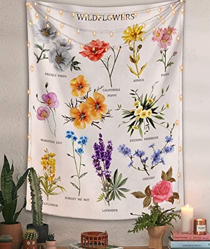 Lifeel Wildflowers Vertical Tapestry Wall Hanging, Illustrative Reference Chart Tapestry With Word, Beige White Vintage Tarot Flag Straight Tapestry 60×80 inches
