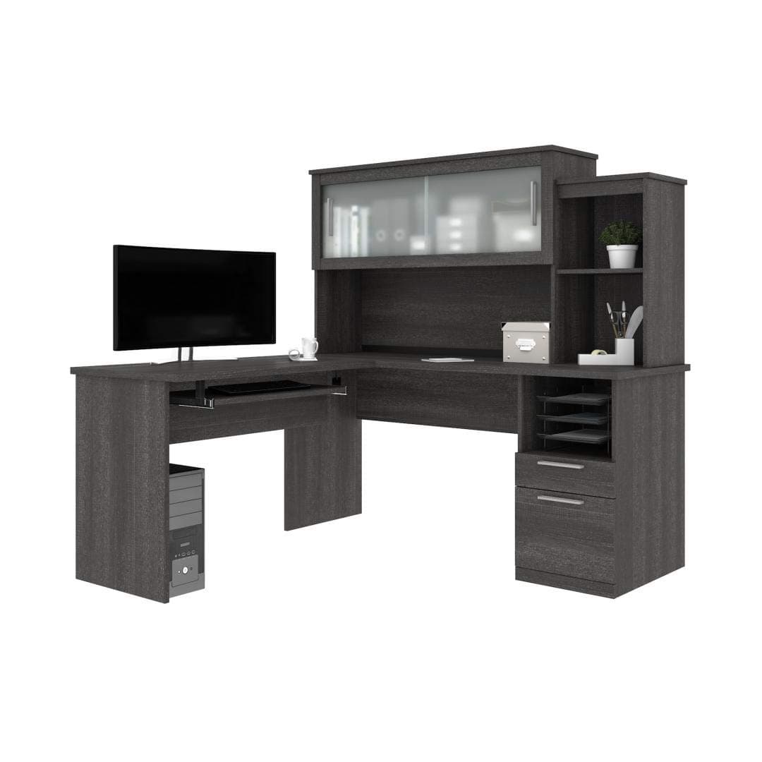 Bestar Dayton 63W 65W L-Shaped Desk with Hutch in bark Grey