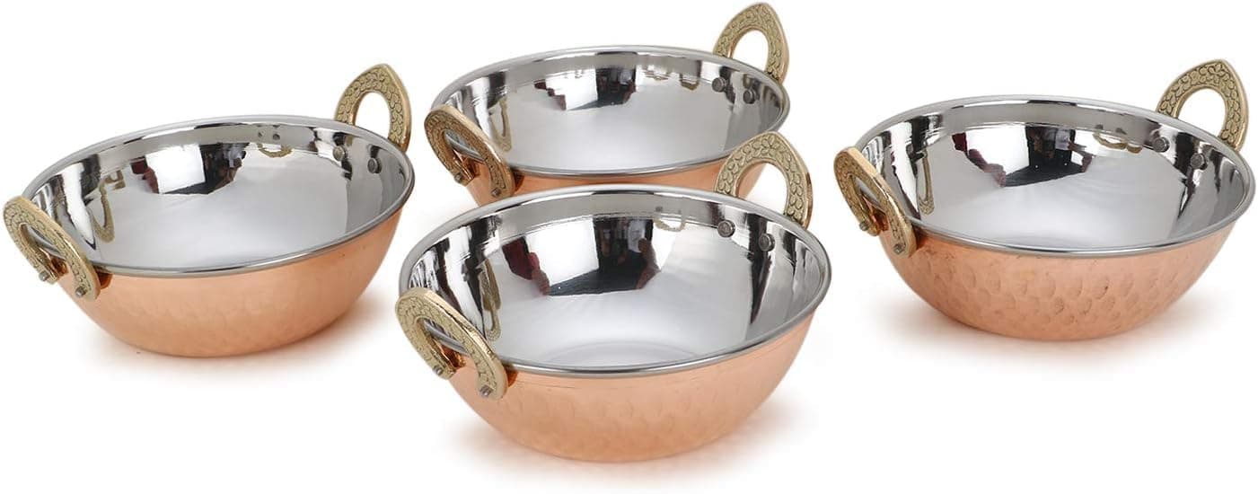 Set of 4, Indian Copper Serveware Karahi Vegetable Dinner Bowl with Solid Brass Handle for Indian Food, Diameter- 15 cm (6 Inches), Gold