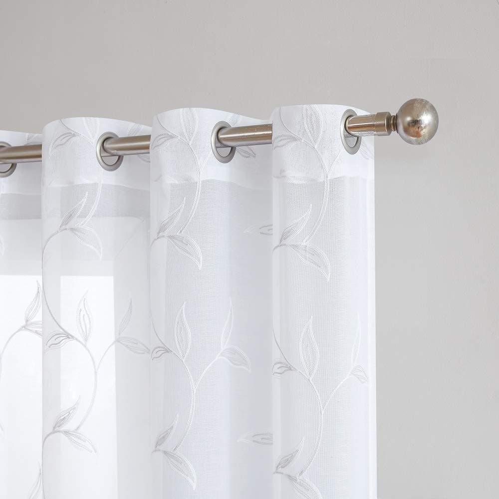 Warm Home Designs Pair of 2 Sheer White Faux-Linen Standard Size Curtain Panels with Beautiful Light Grey Stitched Leaf Embroidery. Each Grommet Drape is 54" (Width) x 84" (Length). M Silver 84"