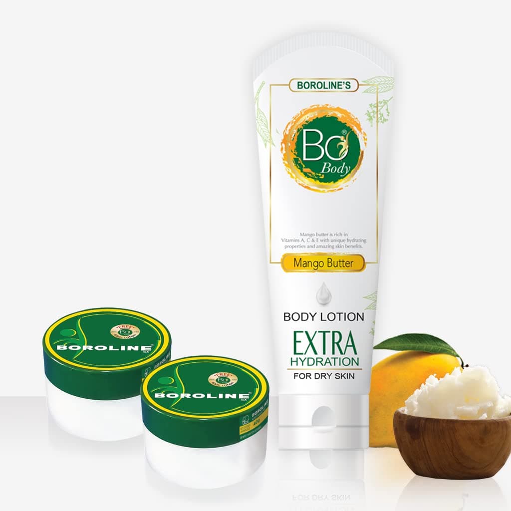BOROLINE Bo Body Lotion 100 ml With Mango Butter + Antiseptic Ayurvedic Cream 40gm x2 | 24 hrs Deep Moisturizer For Dry Skin, Enriched With Lanolin oil, Glycerin (Pack of 3)