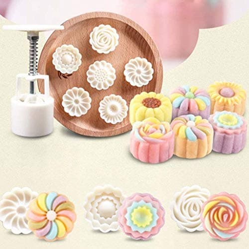 50g 3D Flowers Mooncake Mold Cookie Stamp 1 Barrel+6 Stamps Set Hand Pressure Fondant Moon Cake Mould DIY Baking Decoration Tools