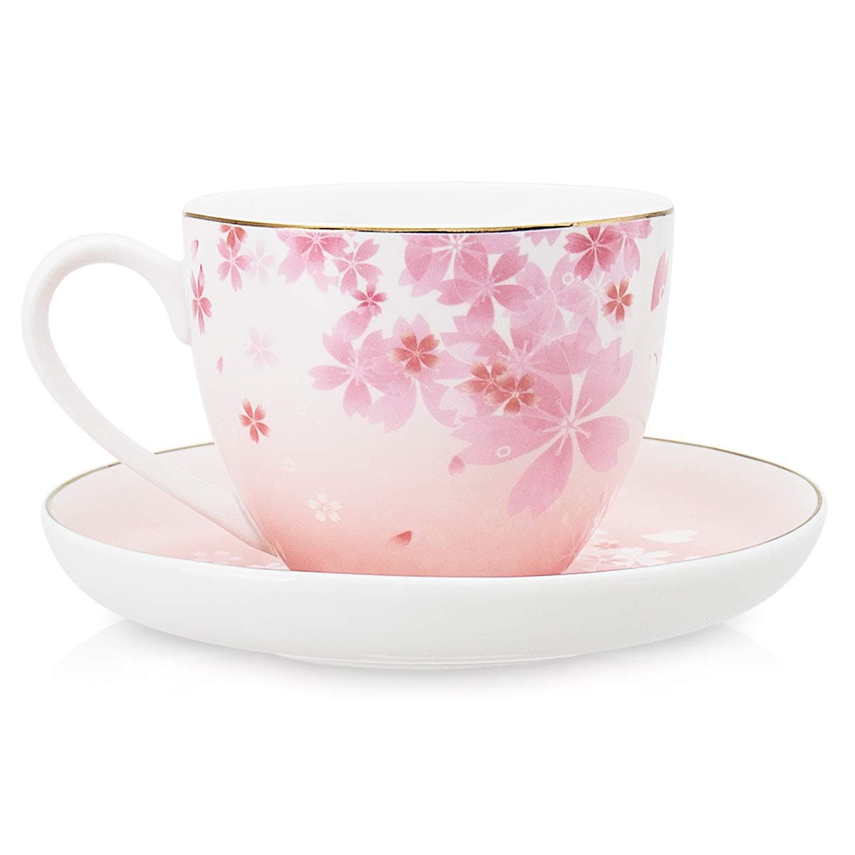 Tea Cups and Saucers Sets for Womens Cherry Blossom Coffee Mug Set 8oz, 2 Piece Cup & Saucer Set