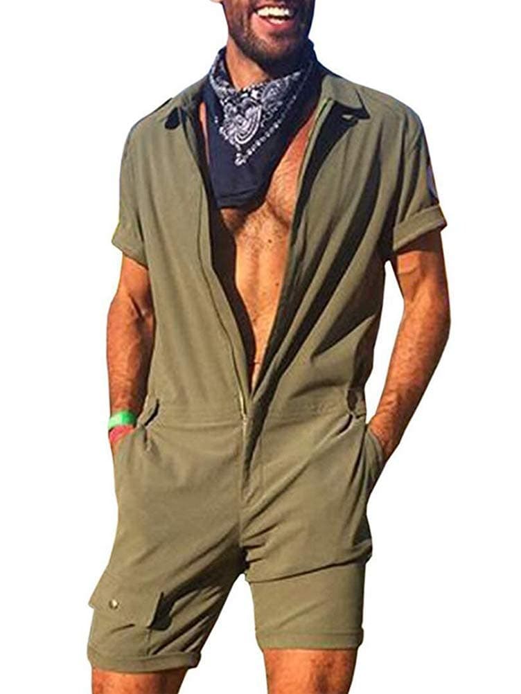 ShallGood Jumpsuits Men Casual Short Sleeve Jumpsuit Romper Stand Collar Overalls Suit Slim Fit Party Pure Color Male Frock Pants with Button Pocket Playsuit