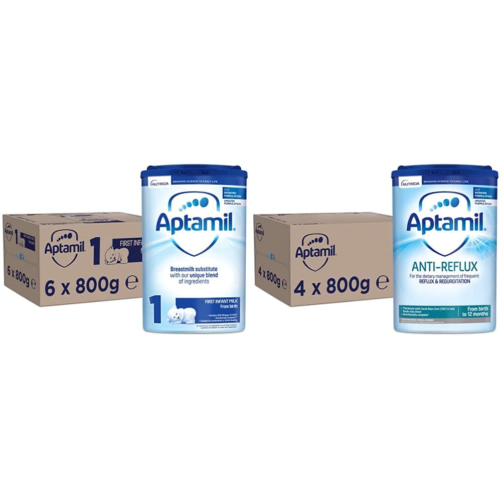 Aptamil First Infant Milk Stage 1 from Birth, 800 g, Pack of 6 & Anti-Reflux Baby Milk Powder Formula, from Birth, 800g (Pack of 4)