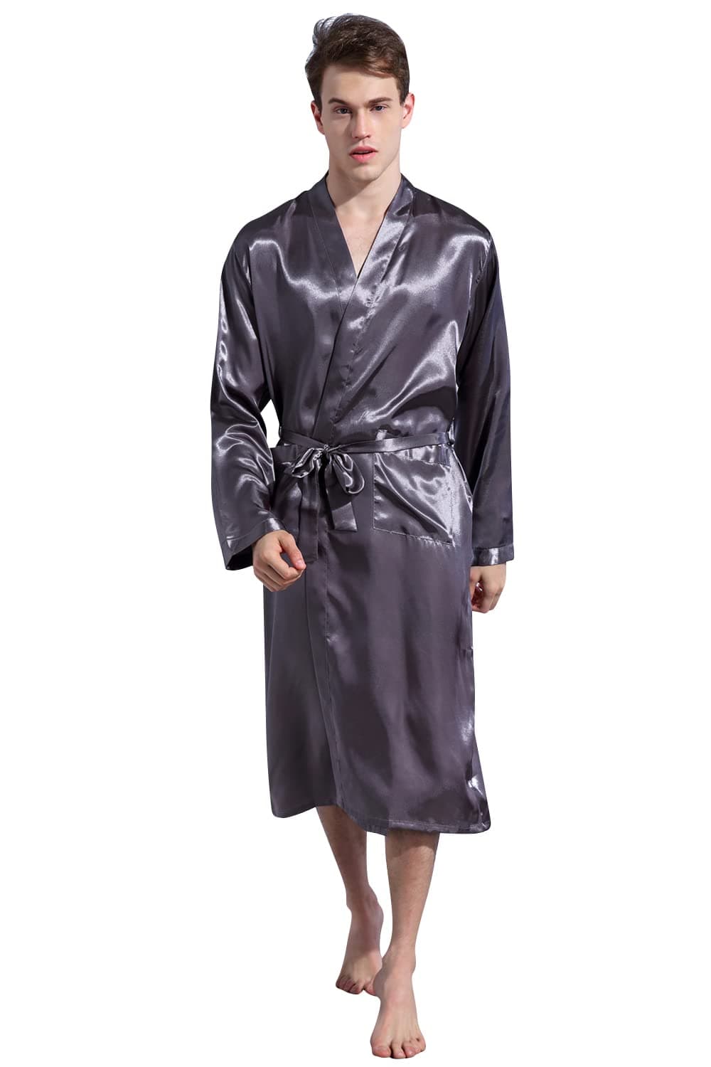 Dolamen Men’s Dressing Gown Bathrobe Kimono Satin Long, Silky Soft & Lightweight Luxury Men’s Kimono Dressing Gown Bath Robe Bridesmaid Housecoat Nightwear Pyjamas + Belt Pockets
