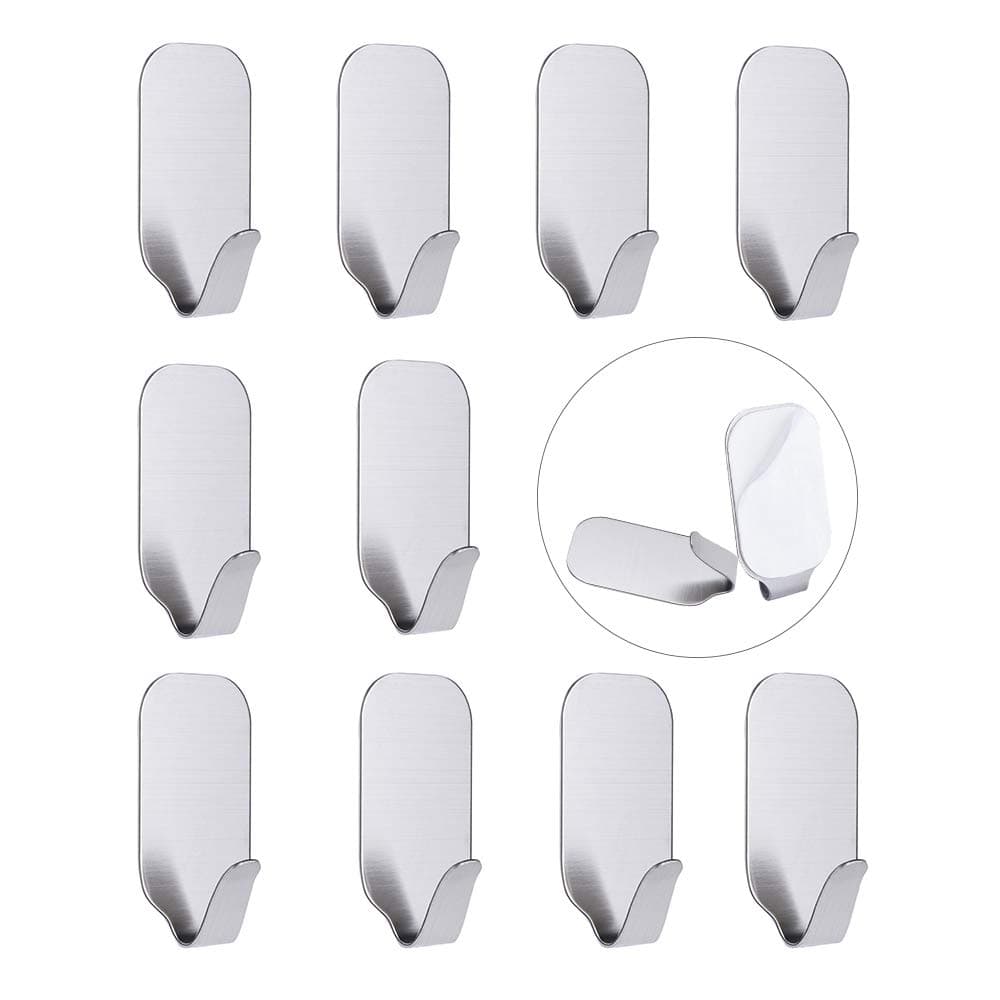 Self Adhesive Hooks, 10 Pack of Stainless Steel 3M Removable Wall Stick Hangers for Kitchens Bathrooms Offices Closets, Waterproof and No Drill Needed
