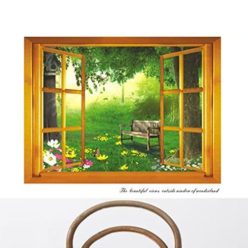 3D False Window Retro Windowsill Green Leaves Flowers Chair Wall Sticker Paper Home Decal Removable Wall Vinyl Living Room Bedroom PVC Art Picture Murals Waterproof DIY Stick for Adults Teems Childres Kids Nursery Baby