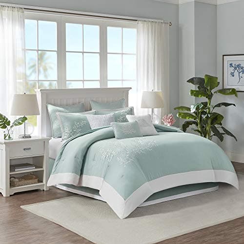 Harbor House Cotton Comforter Set - Coastal Oceanic Sealife Design, All Season Down Alternative Bedding with Matching Shams, Bedskirt, Full(80"x90"), Coastline, Coral Aqua, 4 Piece