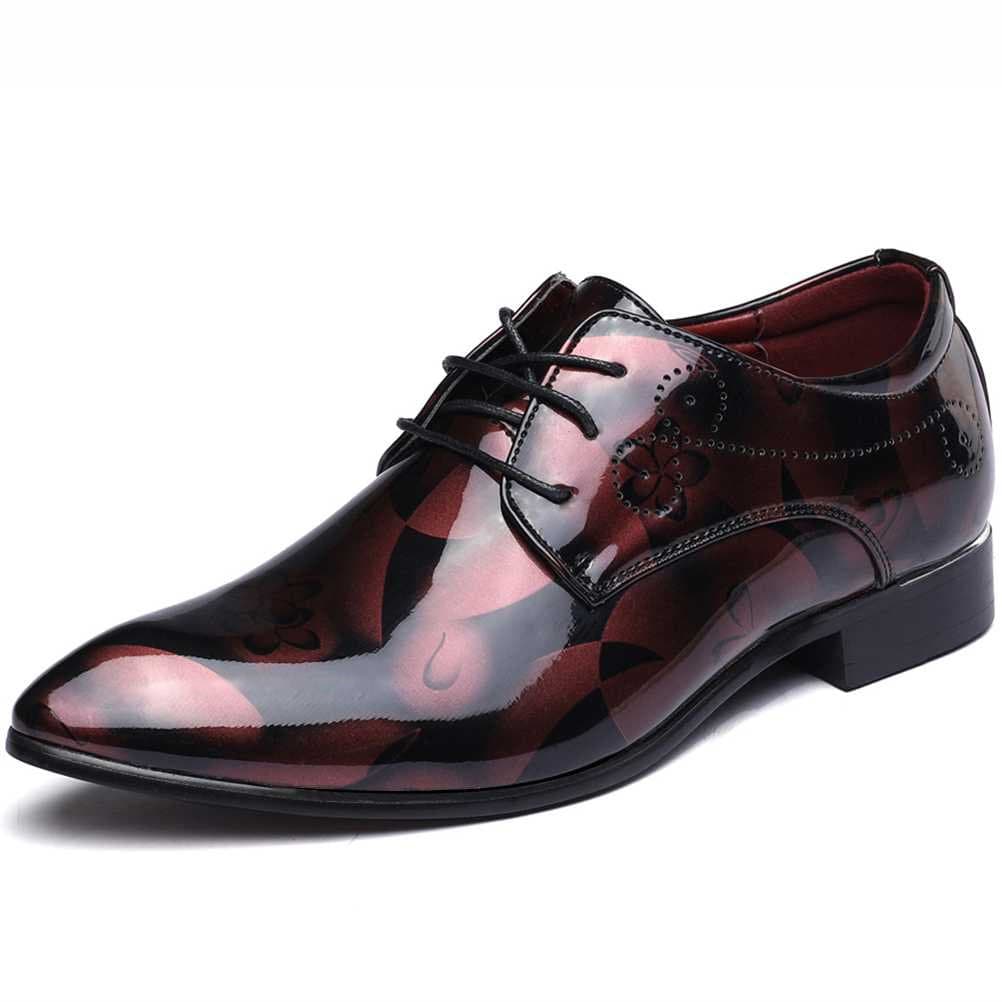 Senyee Men's Dress Shoes, Modern Classic Pointed-Toe Patent Leather Floral Lace-up Business Casual Oxfords Red 10.5