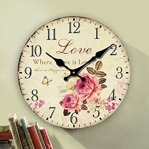 Eruner Rustic Floral Clock Clock, 12-inch Europe Country Style Romantic Sweet Roses Butterfly Shabby Chic Style Large Size Wall Clock Livingroom Bedroom Art Deco(Love,C-62)