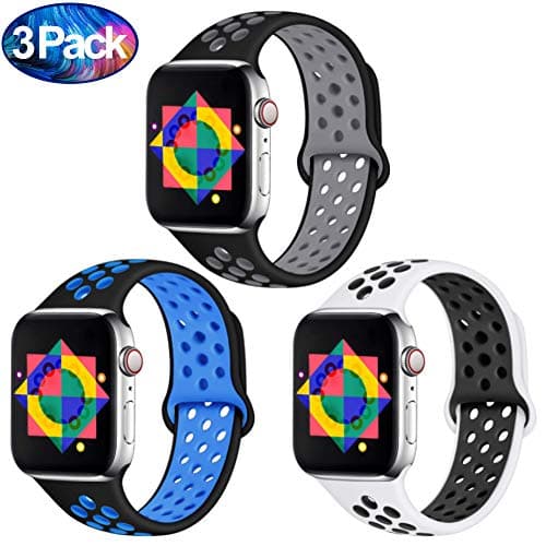 ilopee Sport Band Compatible for Apple Watch 40mm Series 5 4, Breathable Strap Wristbands with Holes for iWatch 38mm Series 3 2 1 Women Men, Black/Blue, White/Black, Black/Gray, S/M