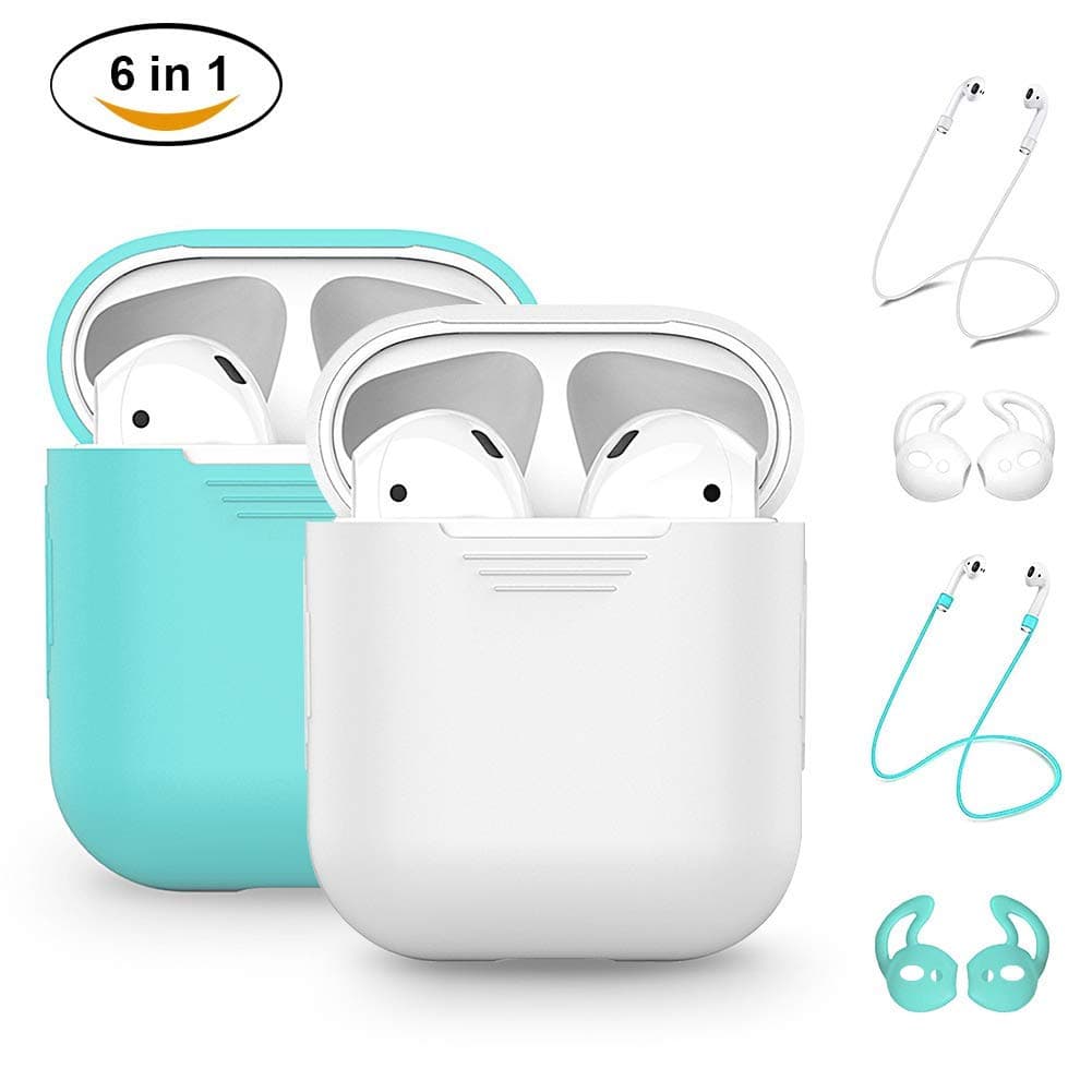 AirPods Case Airpods Accessories Kits Protective Silicone Cover and Skin for Apple Airpods 1 & 2 Charging Case with Airpods Ear Hook Airpods Straps (Green+White)