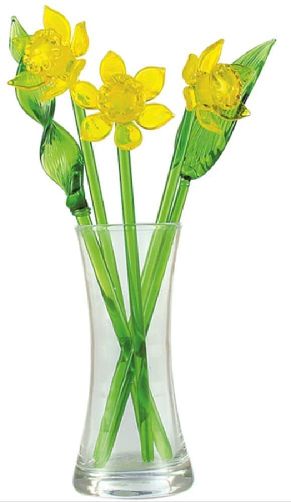 Daffodils Hand Blown Glass Flower Set - Includes Vase and Leaves with Red Ladybug