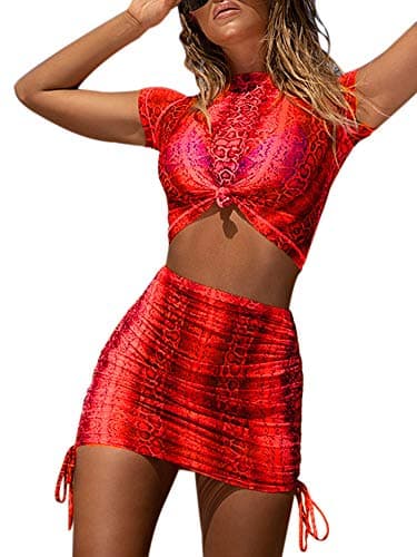 Women Snakeskin Mesh Cover Up Crop Top Lace Up Skirt Set 2 Piece Dress