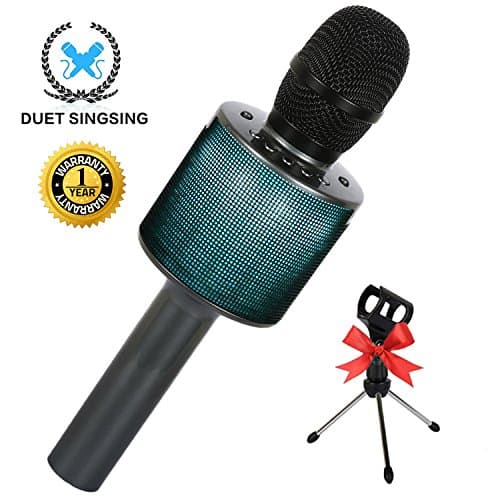 Wireless Bluetooth Karaoke Microphone for Kids Adults Family Singing with LED Lights Speaker Holder for iPhone Android iPad PC Microphones for Singing Home KTV Party - Titanium Gray Gold (1 PCS)