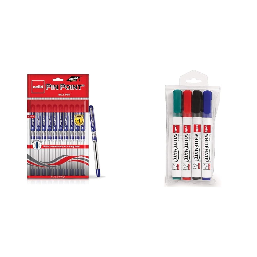 Cello - Pinpoint Blue Ball Pens, Set of 10 | Best for Students & Whitemate WB Markers | Set Of 4 Markers | 4 Assorted Ink Colours | Fine Point Marker Pens Easily Refillable And Erasable Ink | W...