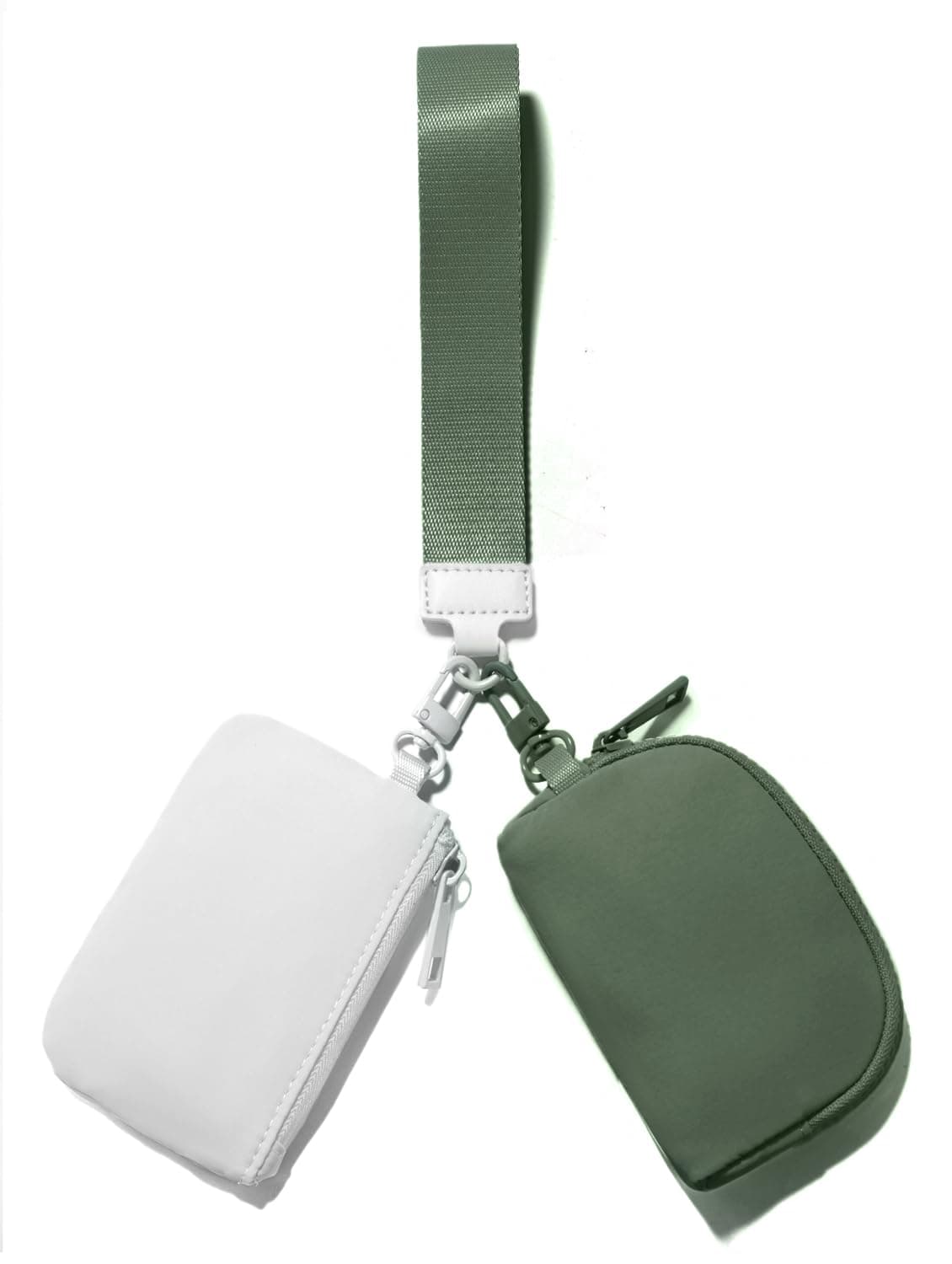 Mini Zip Around Keychain Wristlet Wallets Small Portable Dual Pounch Wristlet Detachable Coin Purse Pocket Gifts for Women Travel Sports Outdoors(White+Bean Green)