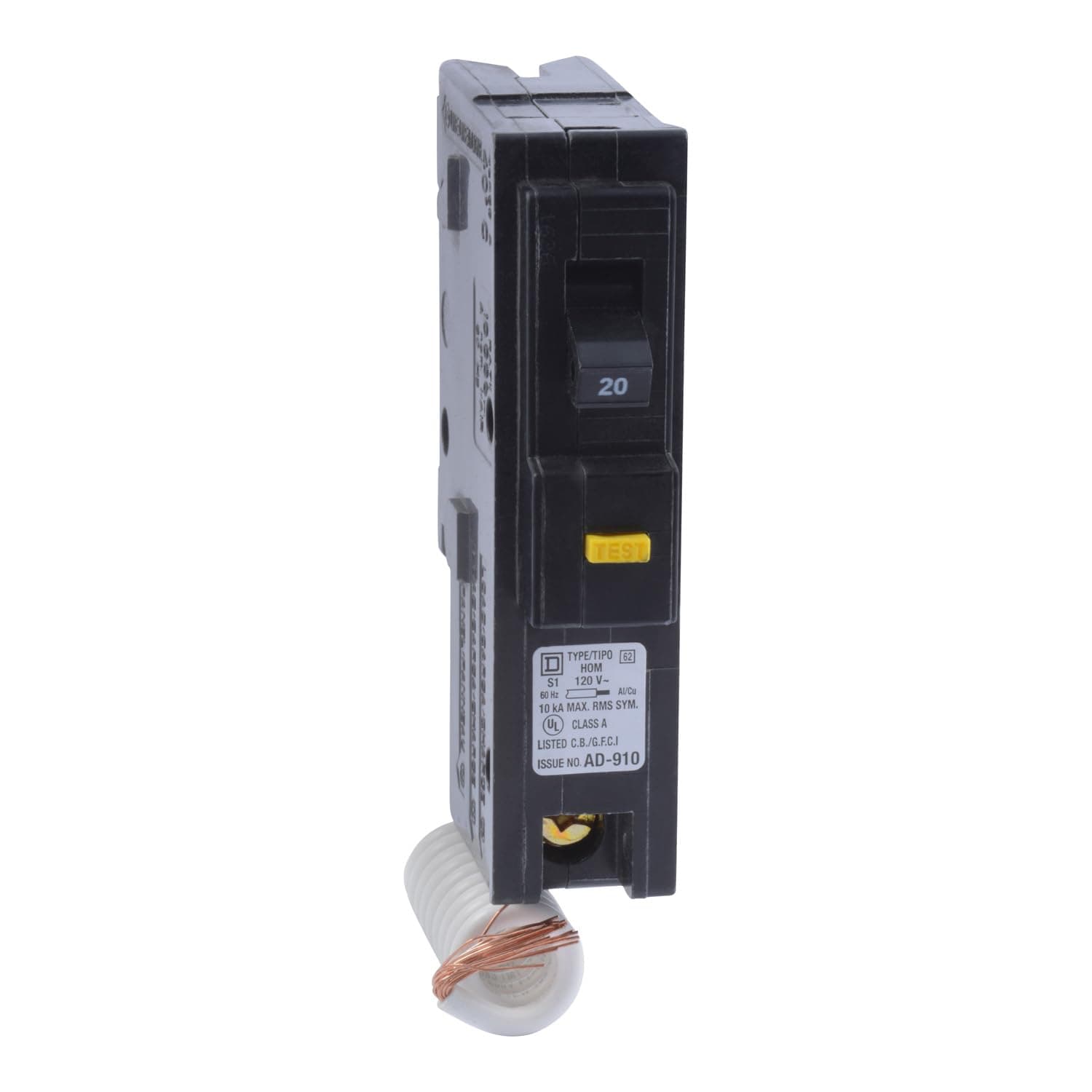 Square D by Schneider Electric Homeline 20 Amp Mini Circuit Breaker, 1 Pole, 120V AC, 10kA Breaking Capacity, Plug in Mount, GFCI, Residential Use (HOM120GFICP)