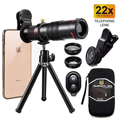 Cell Phone Camera Lens,Phone Photography Kit-Flexible Phone Tripod +Remote Shutter +4 in 1 Lens Kit-High Power 22X Monocular Telephoto Lens, Fisheye, Macro & Wide Angle Lens for Smartphone (black2)