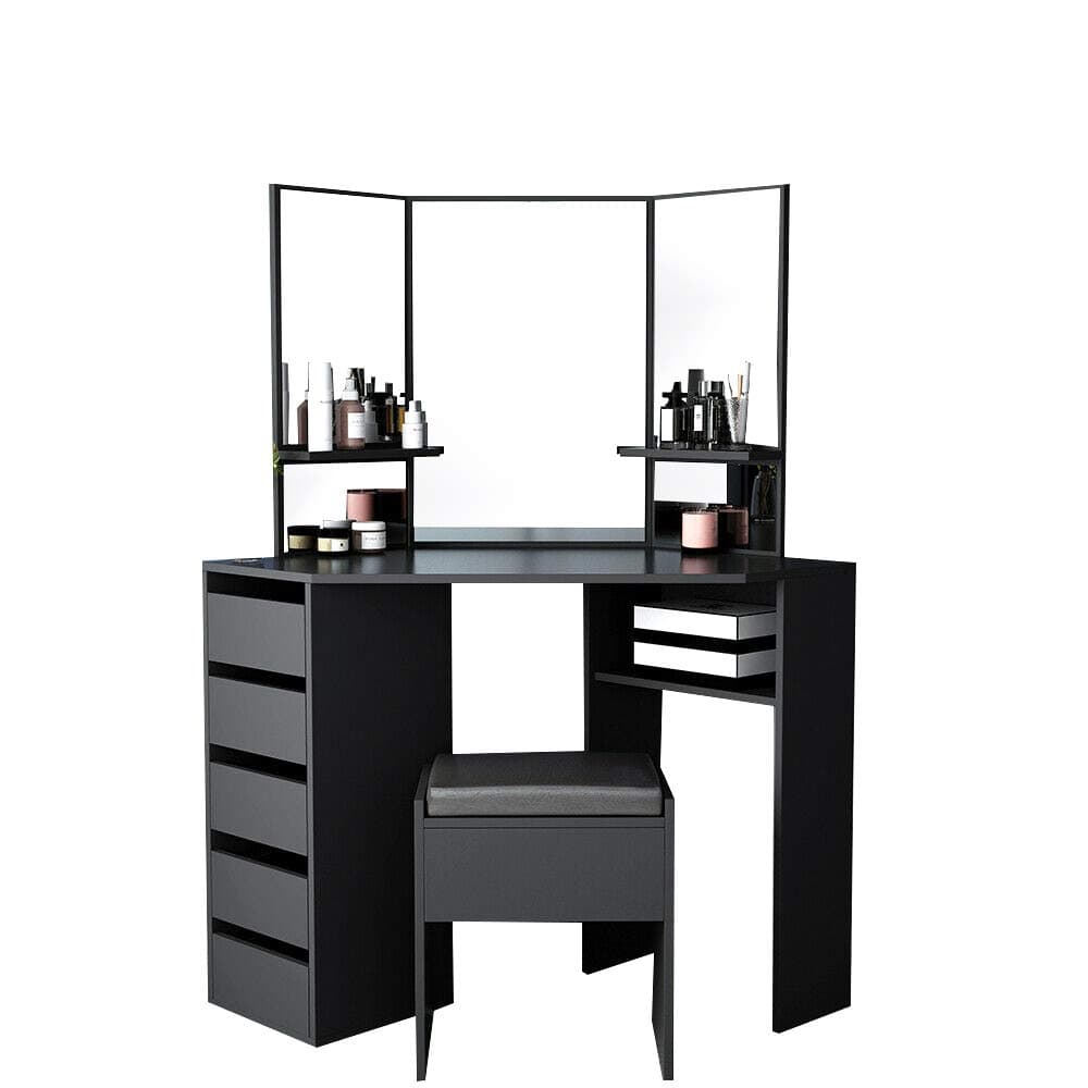 Corner Dressing Table Mirror Set Makeup Dresser Table with 5 Drawers and Stool Bedroom Dressing Desk Furniture (114 * 61 * 140cm)(Black)