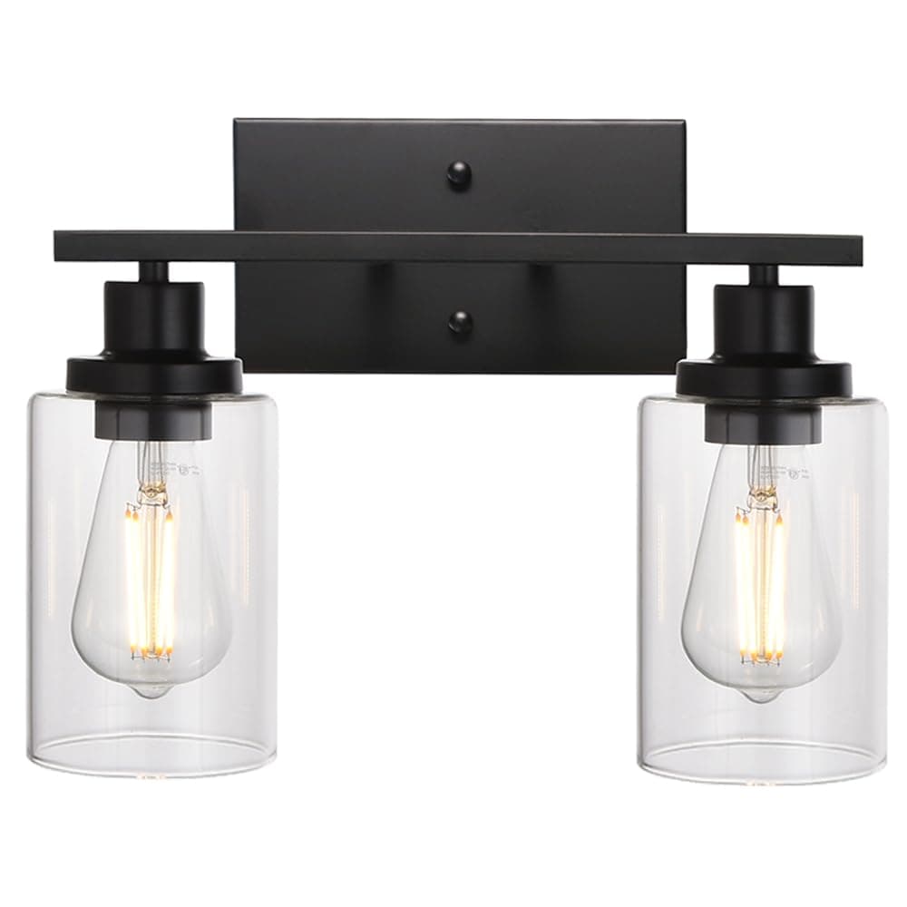 - 2-Light Black Wall Sconce Industrial Vintage with Clear Glass Shade and Metal Base, Bathroom Vanity Lights Hallway Light Fixture Sconces Wall Lighting (Patent No.: US D963914 S)