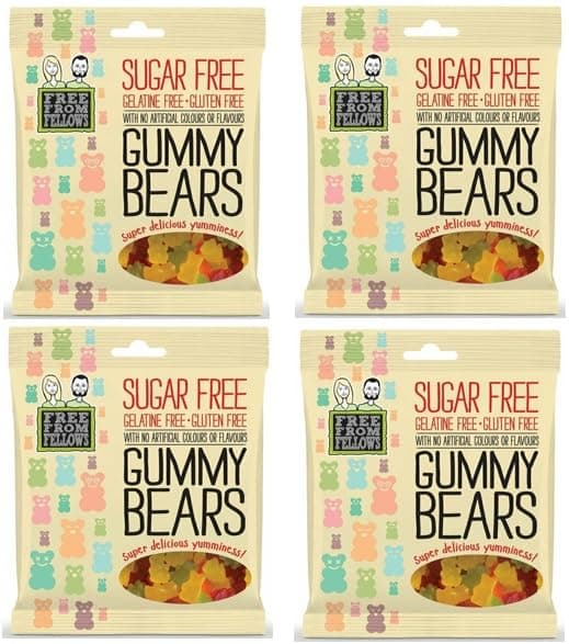 Sugar Free Sweets & Gluten Free, Gelatine Free, Vegan Free from Fellows Gummy Bears Value Pack Sugarless Super Snack Delicious yumminess 70g x 4