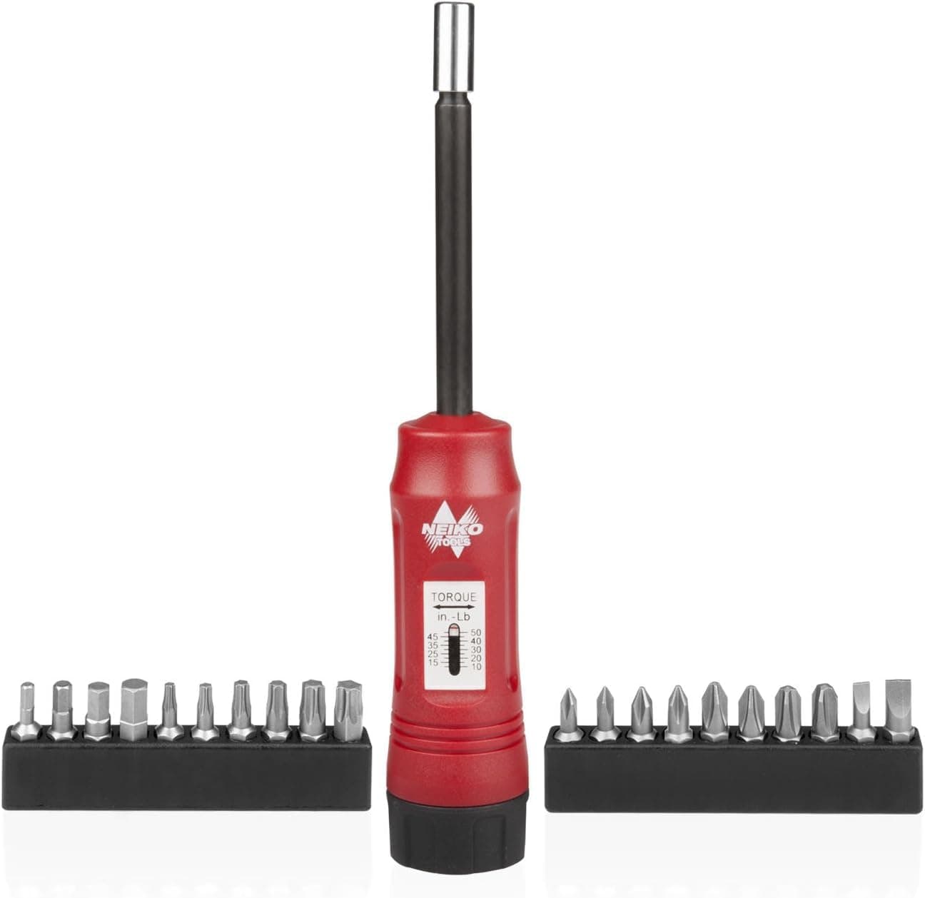 Neiko 1/4โ Torque Screwdriver Set, 10-50 In-Lbs, Long Shank, Pull-Turn-Lock Handle, 20 Hex Bits, Gunsmith & HVAC Use