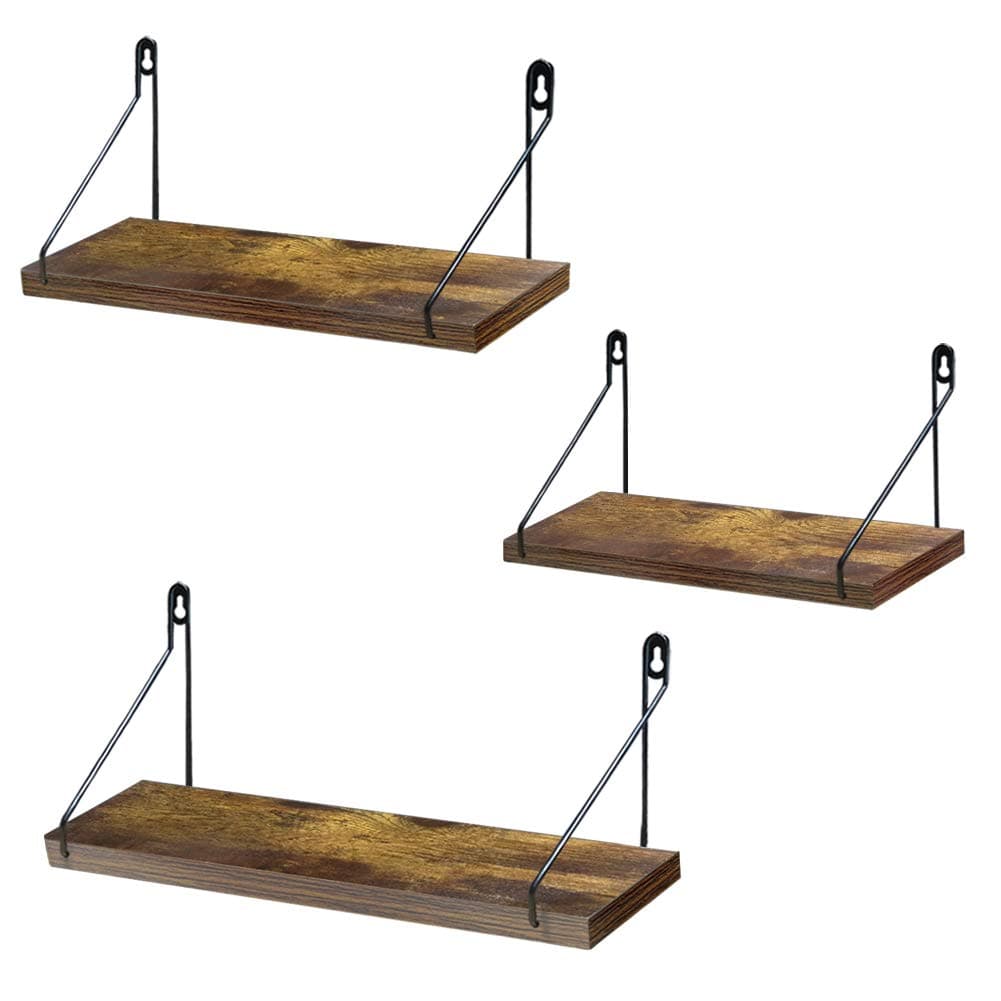 Amazing Roo Floating Shelves Wall Mounted Set of 3, Wood Wall Shelves with Black Metal Brackets, Storage Rack for Living Room/Kitchen/Bathroom/Bedroom/Office
