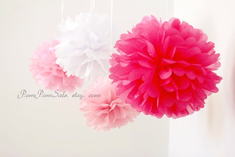 PomPomSale "Its a Girl" Set of 8 Tissue Paper Pom Poms - Wedding / Baby Shower / Birthday Party / Nursery Decor